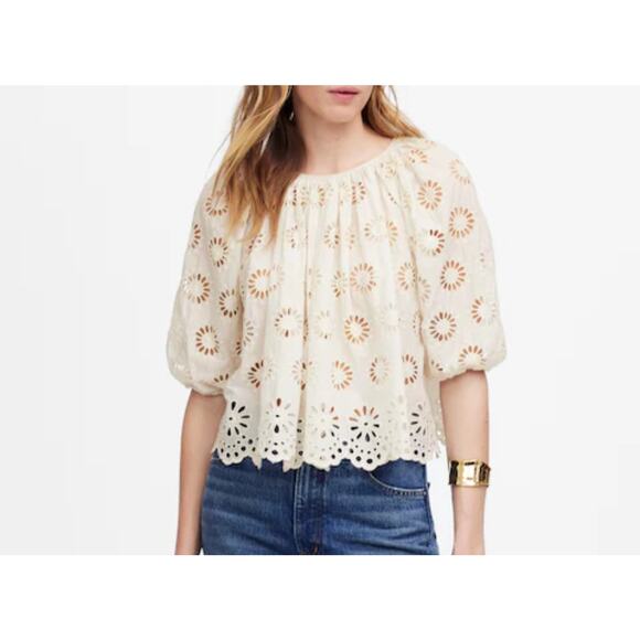 Madewell Embroidered Shirred Puff-Sleeve Eyelet Off White Top L Large New - Picture 1 of 9